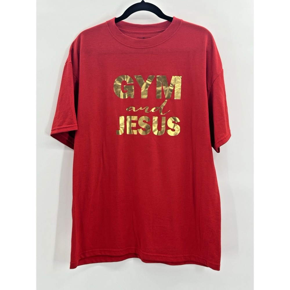 Womens Plus Size Top Gym & Jesus Red Gold Tee XL Workout Activewear Christian